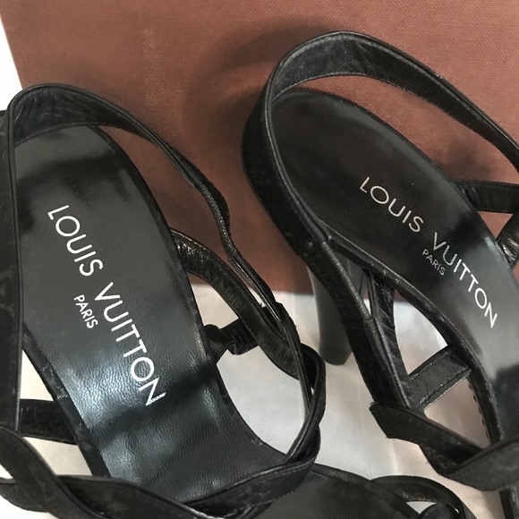Louis Vuitton Vintage Black Satin Logo Sandals | Size 38.5 | 4.5” Heels + Box - Picture 10 of 11